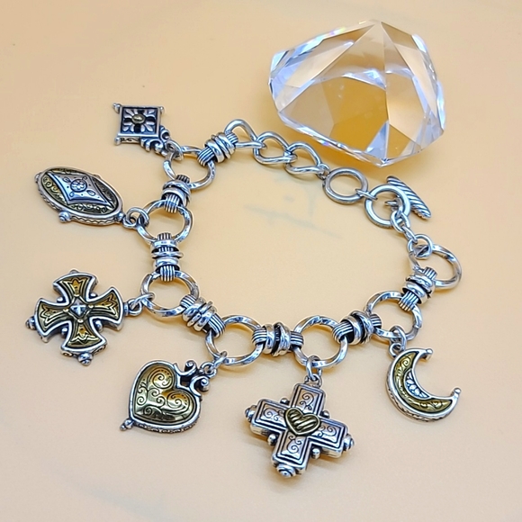 Brighton Jewelry - Brighton "CHERISH" Multiple Two-Tone Cross, Moon, & Heart Charm Bracelet RARE!!